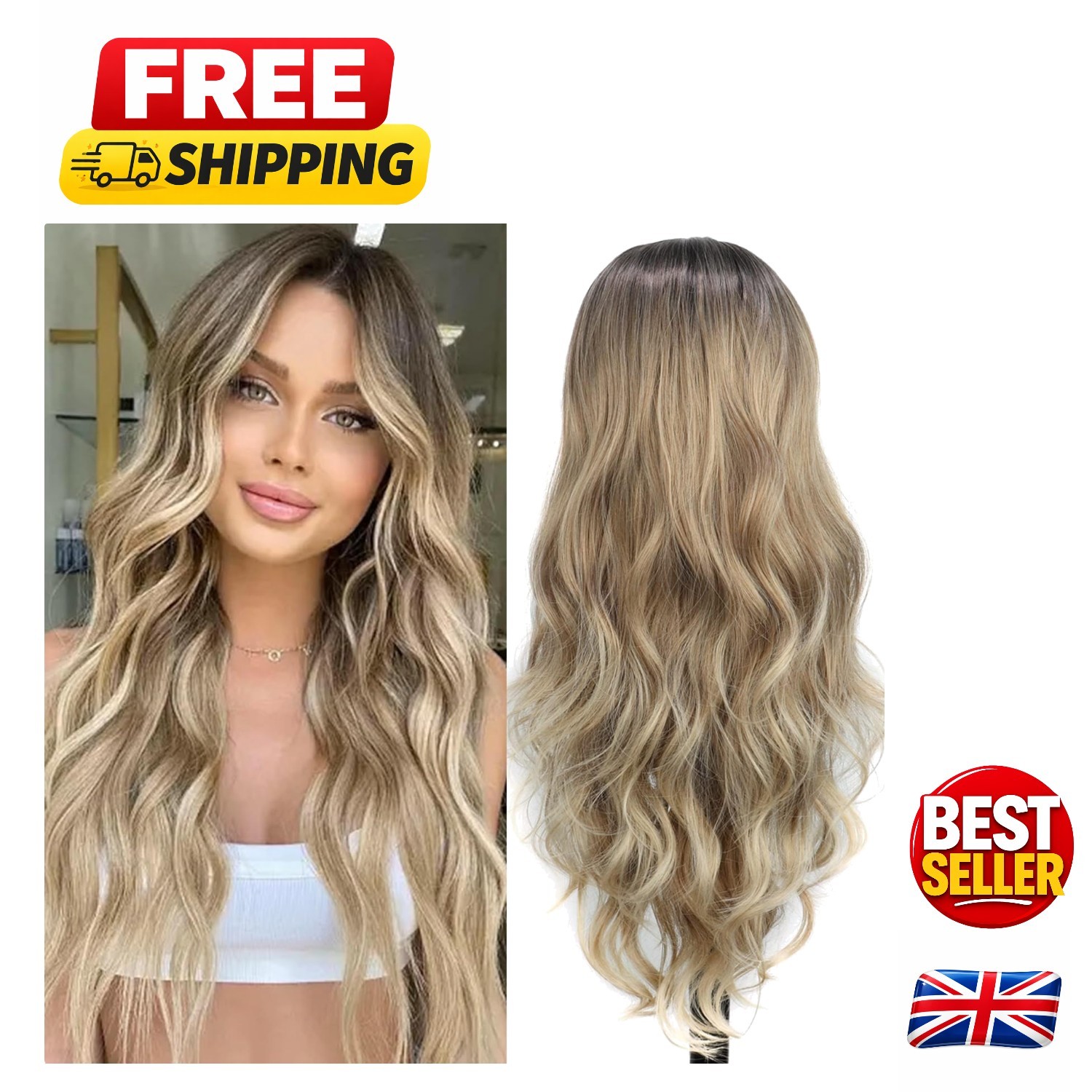 Long Ombre Wig with Dark Roots - Soft Curly Wavy Style for All Occasions