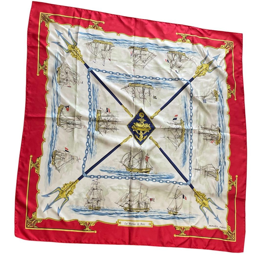 HERMES La Marine En Bois Silk Scarf Carre 90 Navy Blue Wood Print