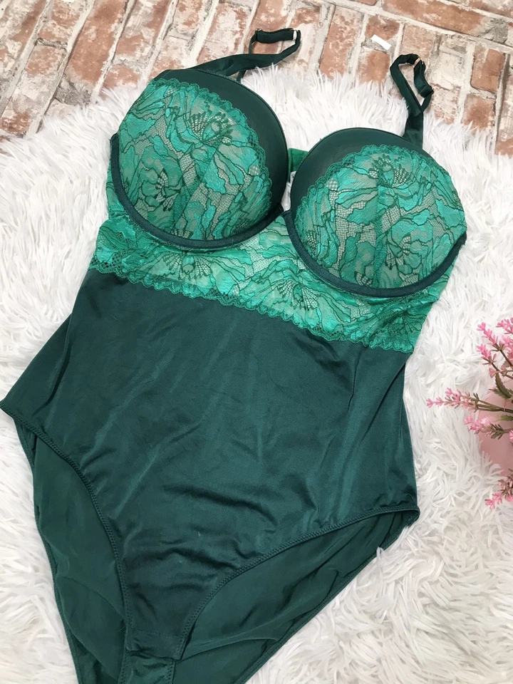 Auden Intimate LACY TEDDY BODYSUIT Green SZ X-Lg Strappy Underwired push up bra - Image 3 of 4