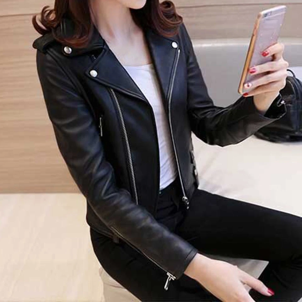 Faux Leather Jacket All-match Jacket Daily Wear Jacket Motorcycle Jacket - Image 2 of 4