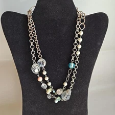 Plunder Necklace Multi Strand Beads Faux Pearl Crystal Silver Tone 18" Boho Chic