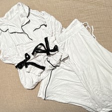 Victoria's Secret Women's M White Pajama Set Black Trim Cotton Drawstring