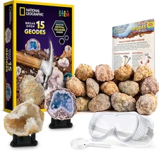 Christmas Gift for Kid, Break Open 15 Premium Geodes Science Kit - Goggles, Deta