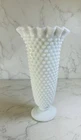 Vintage White Milk Glass Hobnail Vase With Ruffled Edge READ