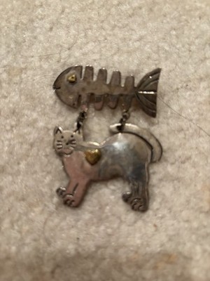 Vintage Mexico Sterling Silver Modernist Fish love Cat Dangle Pin Brooch