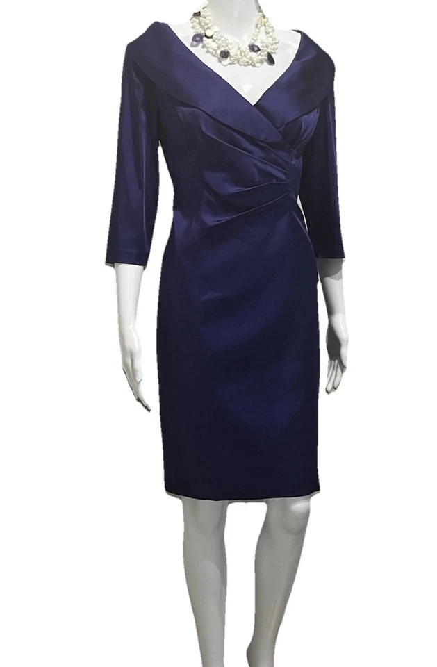 Vestido Kay Unger New York 100% Seda Elastizado Tafetán Talla 8P P Púrpura Hombro Descubierto Foto 3 de 4