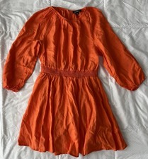 J. Crew Palermo 100% Linen Smocked Mini Dress Orange S Pockets Summer Beach