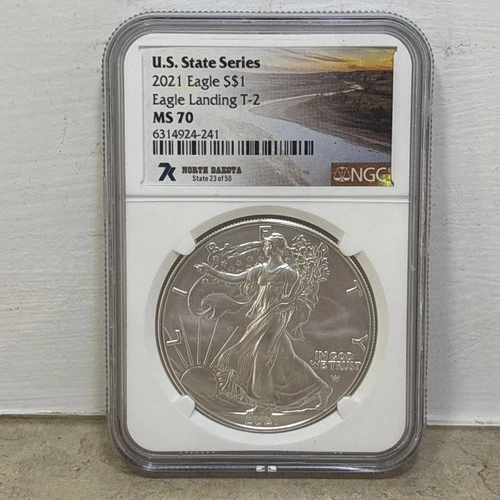 2021 $1 AMERICAN SILVER EAGLE NGC MS70 U.S. STATE SERIES NORTH DAKOTA LABEL T2