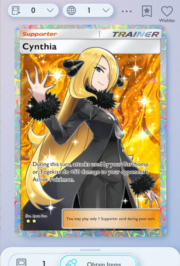 Pokemon TCG POCKET - Cynthia Full Art 2, Space-time Smackdown, English Pokemon TCG POCKET - Cynthia Full Art 2, Space-time Smackdown, English