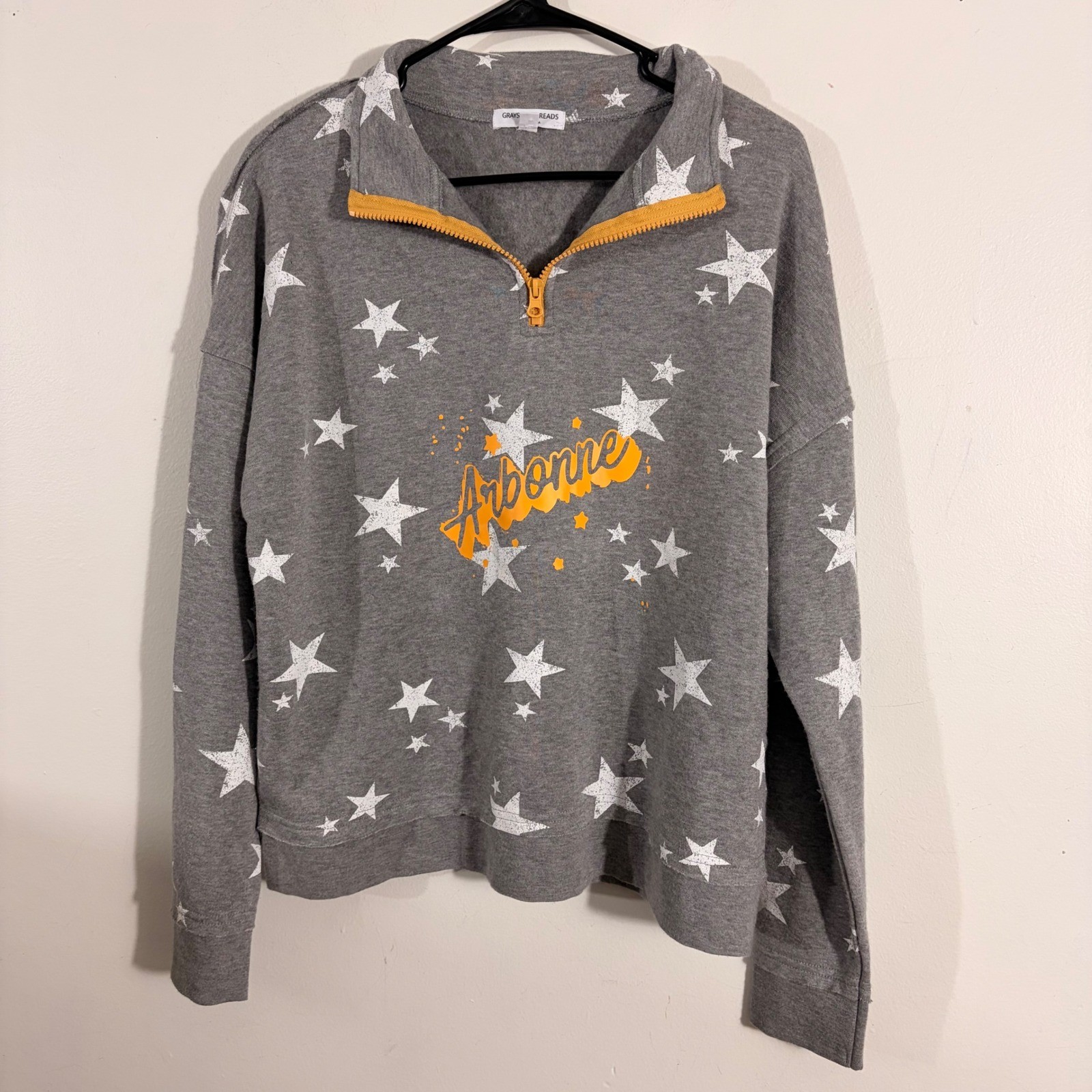 Grayson Threads Women's Grey Star Print Arbonne Sweatshirt Sz L 1/4 Zip Pullover