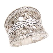 925 Sterling Silver Vintage Ring CZ Floral Openwork Wide Band Sz 8.5 RG34372