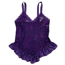 Vintage 70s Sopre Lingerie Purple Floral Lace Teddy Bodysuit Ruffle Trim Small