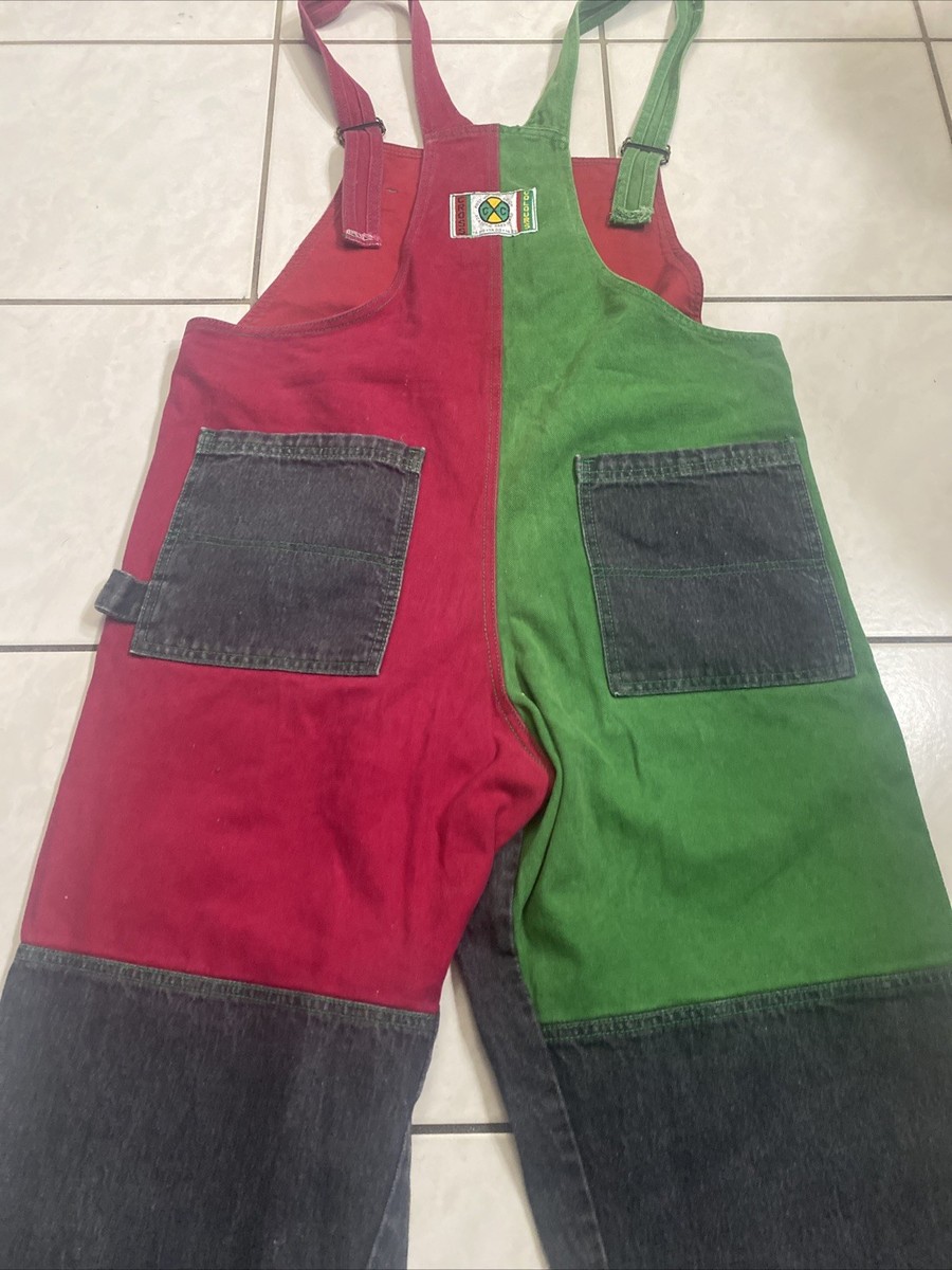 Cross Colours Colorblock Denim Overalls Red Green Black Size 3 90s