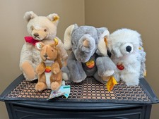 4 Vintage Steiff Animals Elephant Bear Dog and Squirrel with Tags  Buttons