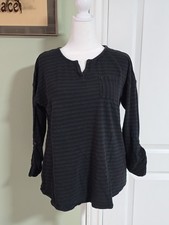 Lucky Brand Henley V Notch Neck Top Shirt Black Stripe Cuff Sleeve Womens 1X