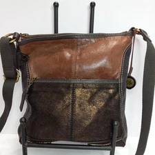 The Sak Medium Size Brown Leather, Shimmer Suede Top Zip Crossbody Handbag