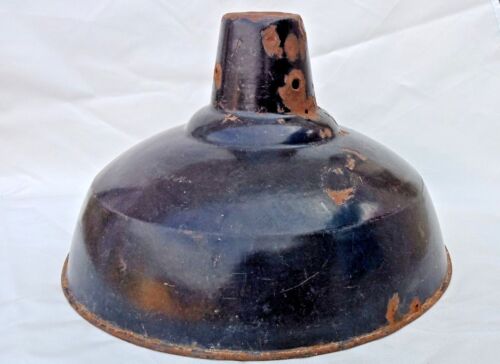 BIG SIZE VINTAGE ORIGINAL OLD IRON PORCELAIN ENAMEL RARE JET BLACK LAMP SHADE - Picture 1 of 8