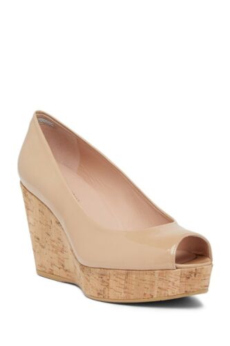 Zeppe Stuart Weitzman Anna Peep Toe nude lucide plateau sughero 11,5 $398 DIFETTOSE