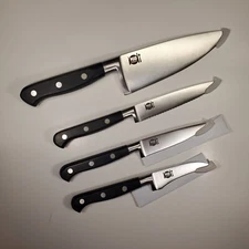Mad Hungry 4 piece BLACK Handle Steel Specialty Kitchen Knife Set Cutlery NOS
