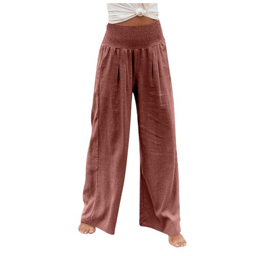 Women's Loose Fit High Waist Cotton Linen Wide Leg Long Pants With Pockets - Picture 35 of 41