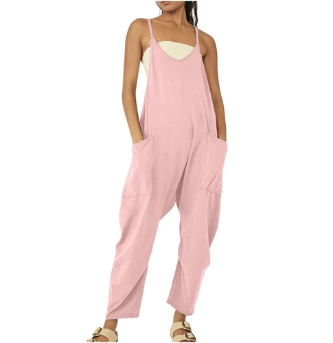 Womens Jumpsuits Loose Casual Rompers Sleeveless Spaghetti Strap Baggy Pockets - Picture 34 of 40