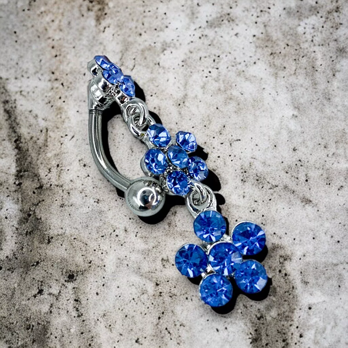 14g blue sparkle cz reverse dangle triple flower belly ring B516