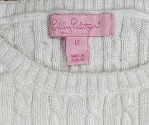 Lilly Pulitzer Girls White Cotton Cable Knit Sweater w/ Pink Palm Tree Sz 12 - Picture 5 of 6