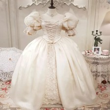 Victorian Gothic Beige Wedding Dress Medieval With Short Sleeves Bridal Gowns