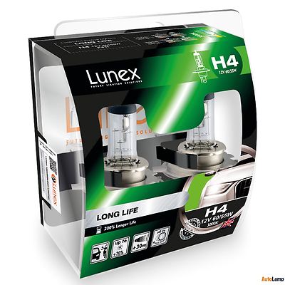 2x H4 Lunex LONG LIFE 3000K 55/60W 12V Auto Scheinwerfer Birnen P43t Hard Case