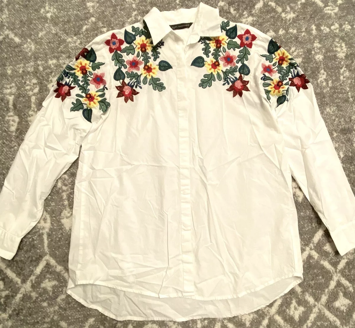 Zara Floral Embroidery Shirt white blouse lapel collar button Zara Floral Embroidery Shirt white blouse lapel collar button