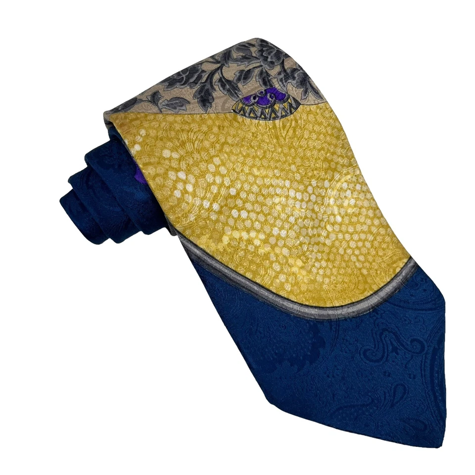 Leonard Paris Men's Tie Equestrian Floral Blue/Yellow Silk 3.75" (W) x 56.5" (L) - Image 3 of 4