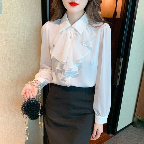 Women Chiffon Ruffle Blouse Long Sleeve Shirt Button Down Office Summer Top - Picture 7 of 8