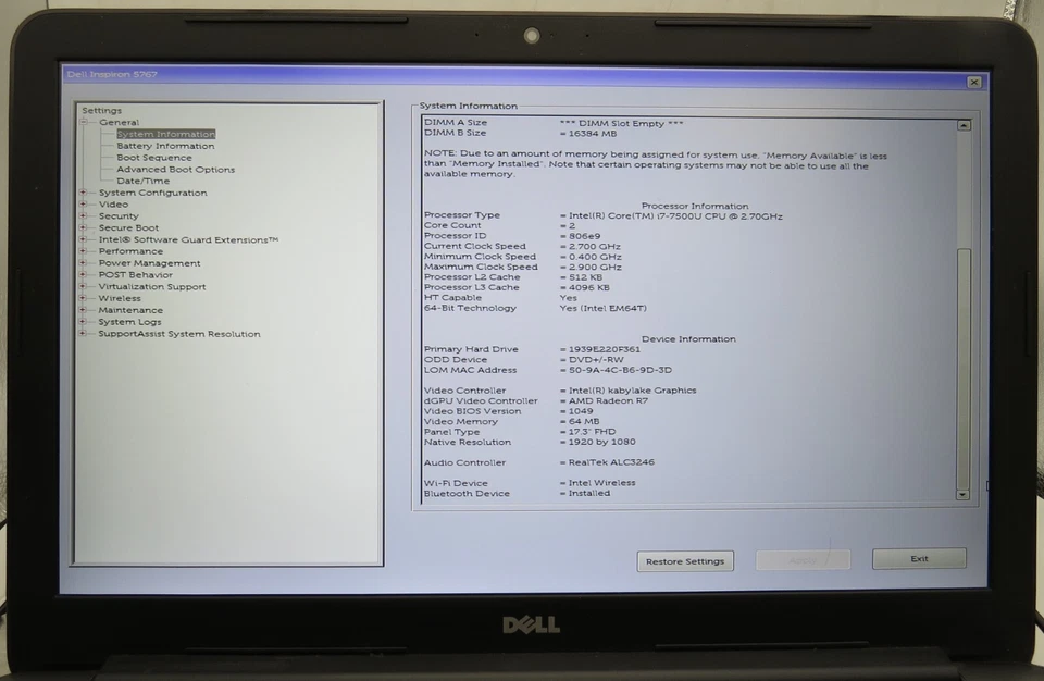 Dell Inspiron 17 5767-17.3"-i7-7500U@2.70GHz-16GB RAM-250GB 2.5 SSD-SIN OS *LEER* Foto 4 de 4