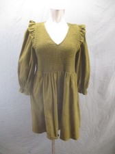Madewell Size M Womens Olive 100% Cotton V-Neck Ruched Smocked Mini Dress 381