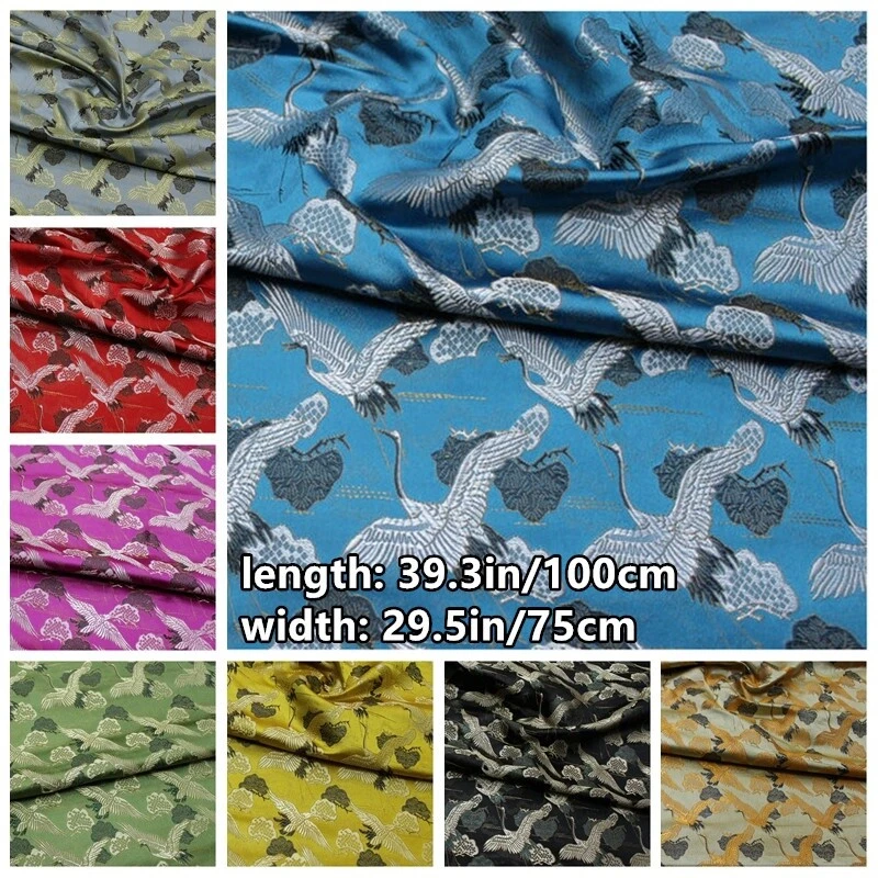 1M Satin Brocade Damask Fabric Cloth Crane Print for Dress Costume DIY Craft - Image 3 of 4