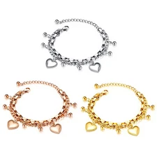 Stainless Steel Bangle Bracelet Love Heart Charm Chain Wristband Women's Jewelry