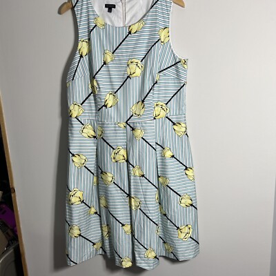 Talbots Size 16 Crisp Tulip Sleeveless Fit & Flare Dress Teal Blue Yellow Stripe
