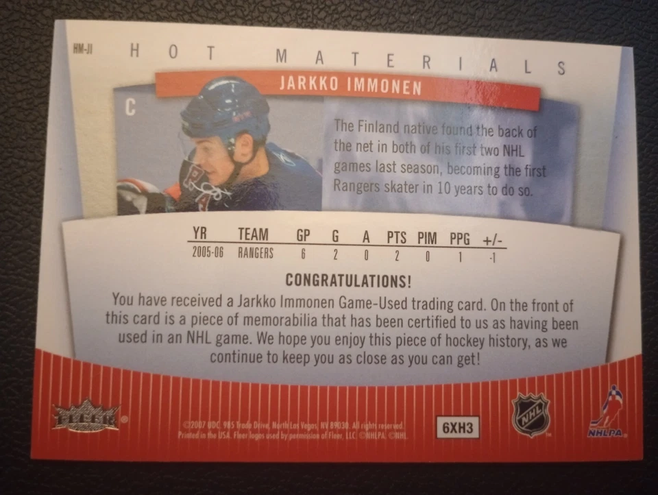 2006-07 Fleer Hot Prospects Jarkko Immonen JERSEY Rangers - Image 2 of 2