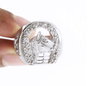 Authentic 14K White Gold Plated Natural Diamond White Horse Horseshoe Mens Ring Sz 7