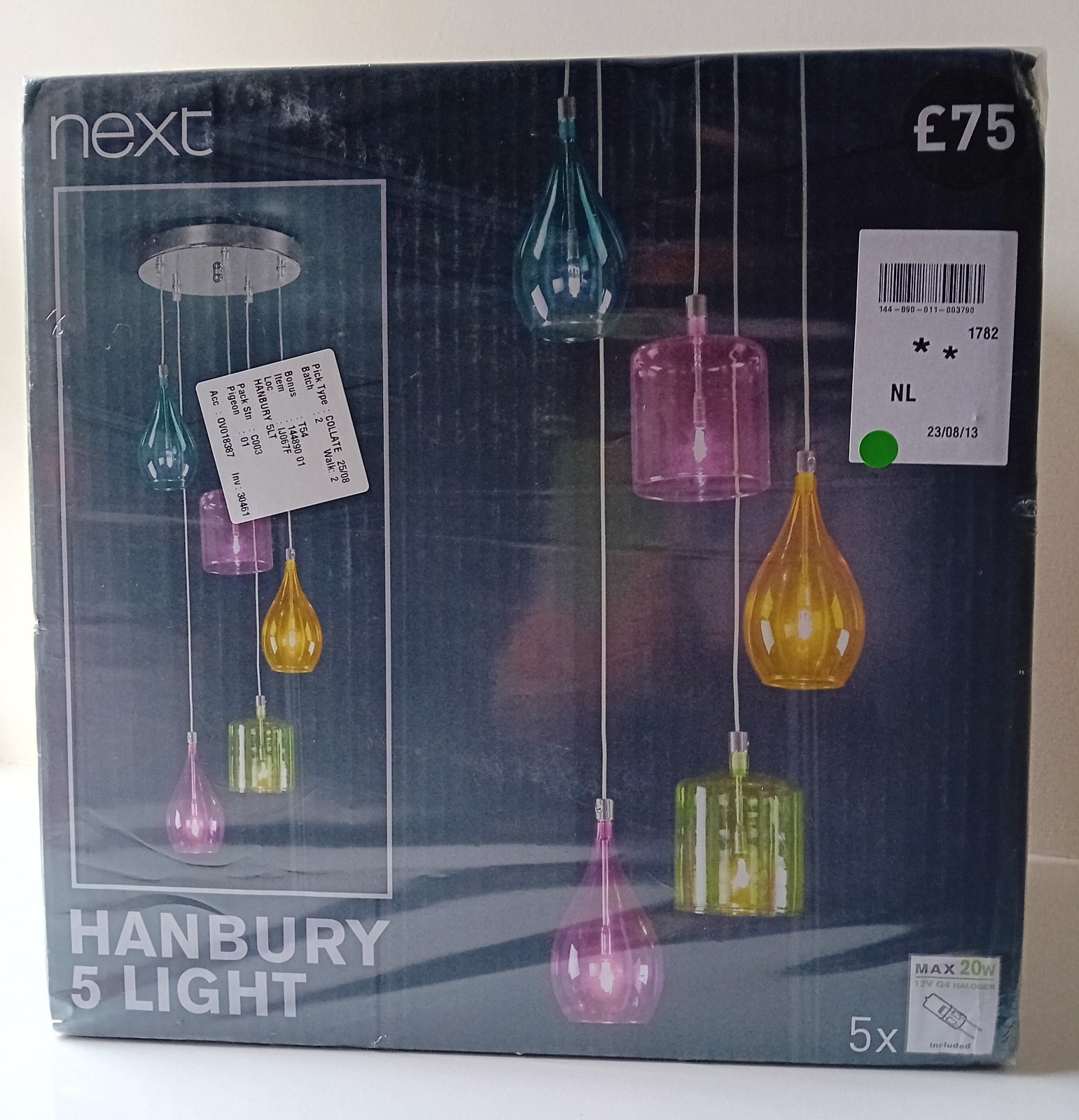 NEXT Hanbury light fitting.  Chrome base plate with five glass droplet shades.