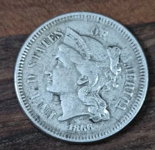 1866 3 Cent Nickel With Strikethrough Error On Obverse And Full Lined Column Cud - Image 4 of 4