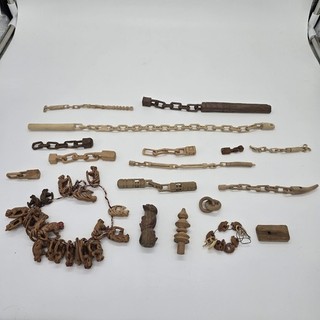 18 Piece Lot 1960s 1970s Hand Carved Lot Wooden Whimsy Chains and Other Pieces