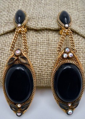 Vintage MARENA HANDARBEIT Hand Made in GERMANY Black Dangle Drop Earrings E51