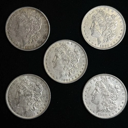 5 Lot - 1882 O Morgan Dollars - Good Condition - 90% Silver 1 Dollar Pieces