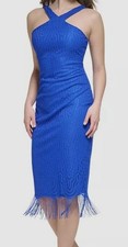 Guess Women's Blue Fringe Lace Sleeveless Midi Sheath Dress Size 14
