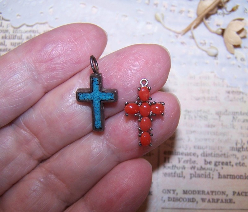 2 Sterling Silver  Turquoise Red Coral Small Cross Pendants - Southwest Design