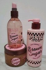 3 Pcs Set Victoria's Secret Pink Brown Sugar Hair Body Mist Spray Lotion Scrub