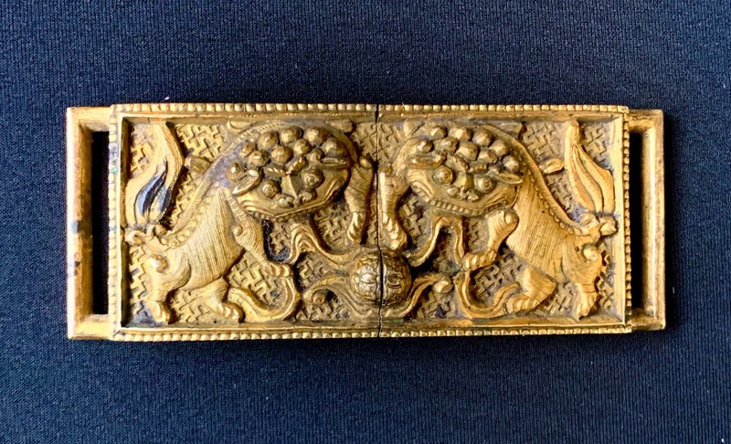 RARE - Antique Chinese Gilt Bronze Fu Dog Belt Buckle