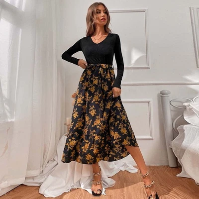 2026 elegant V-neck floral midi dress with A-line silhouette and high waist - Image 1 of 4