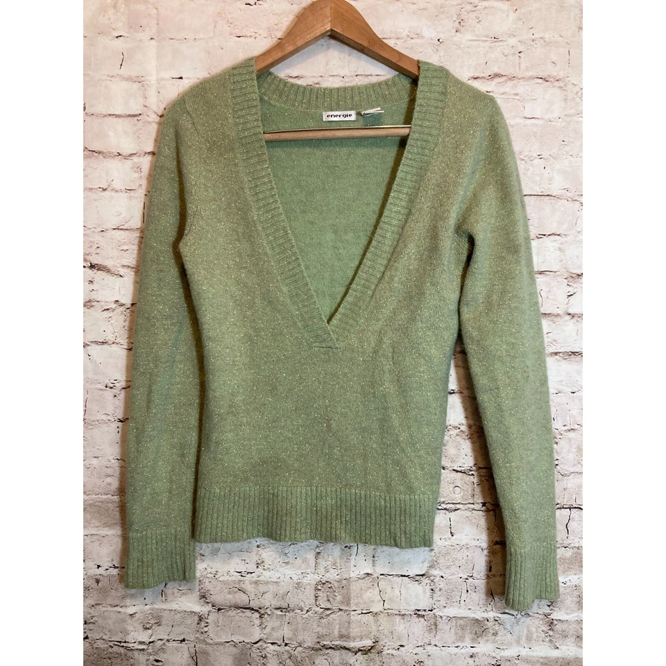 Suéter Vintage Y2K Energie Mujer Grande Verde y Dorado Brillo Pullover Elástico Foto 2 de 4